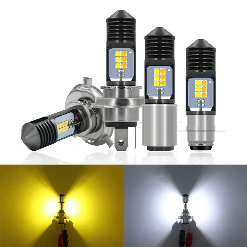 1PC Motorcycle H4 BA20D P15D Headlight 3030 24MSD LED Light Bulbs Dual Color White Yellow Plug And Play For ATV Moped Bike