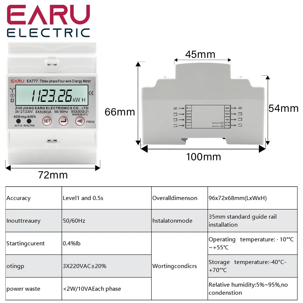 80A 4P 3 Phase 4 Wires Two-way Bilateral Energy Meter Electricity Usage Meter Din Rail AC 3*230/400V LCD Multifunction Display