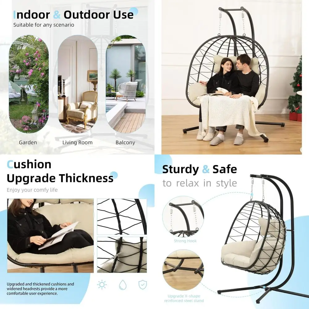 

Double Egg Chair Hammock Swing with Stand, UV-Resistant Cushions, 700lbs Capacity, Ideal for Indoor or Outdoor Spaces
