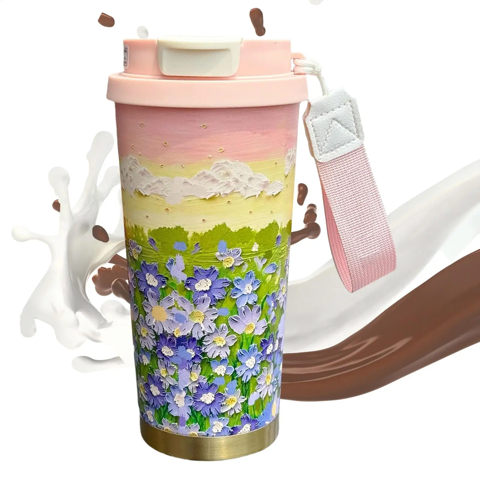 

Thermal Mug 500ml Insulated Travel Mug Flower Pattern Double Drink Modes Water Bottle With Lanyard And Lid Leak-Proof Cup For
