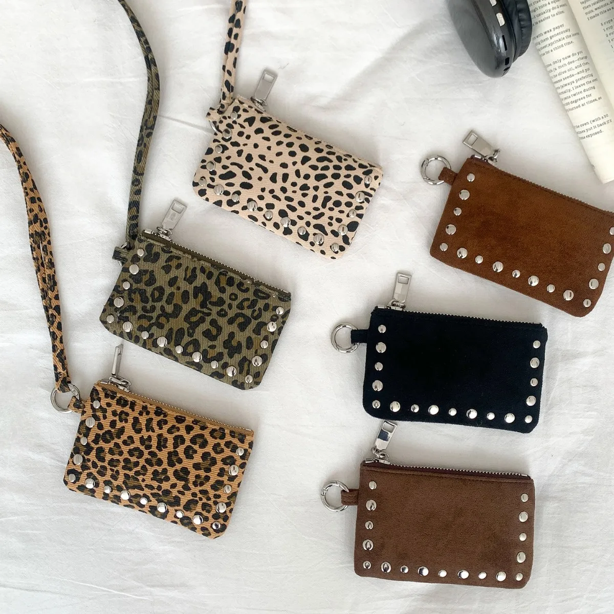 NEW Studded Shoulder Bag Mini Credit Card Holder Leopard Coins Purses for Women Handbag Wallet Rivet Pendant Crossbody Bags NEW