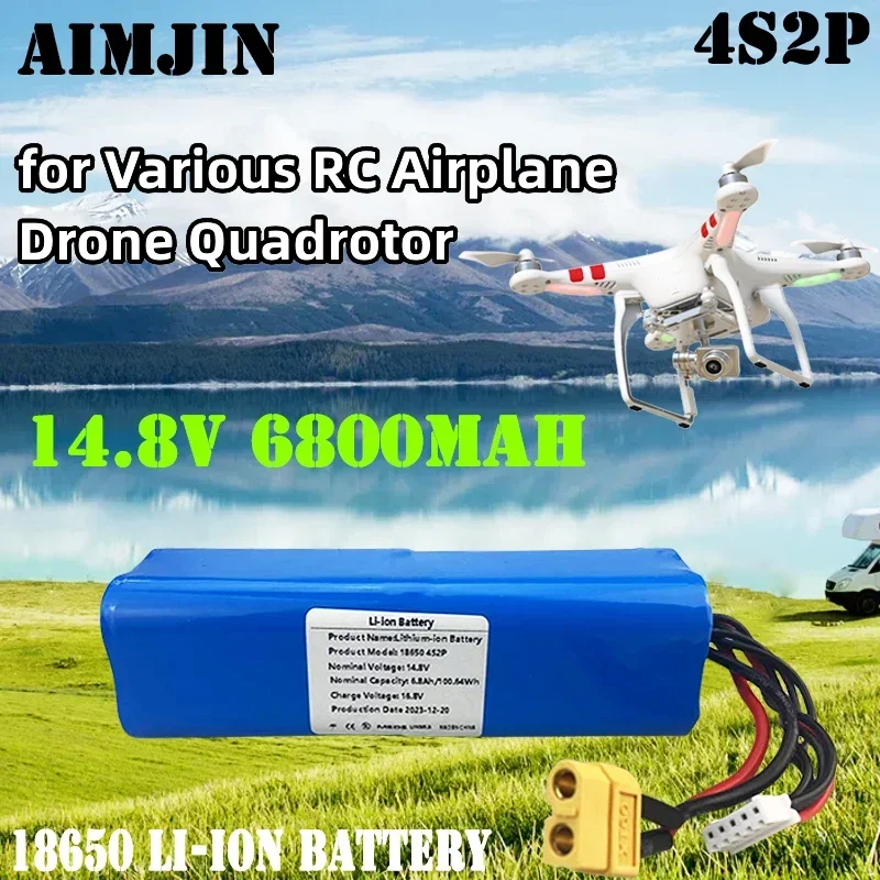 

14.8V 6800mAh 4S2P High Capacity 16.8V Li-ion Battery UAV Rechargeable for Various RC Airplane Drone Quadrotor XH2.54-5P XT60