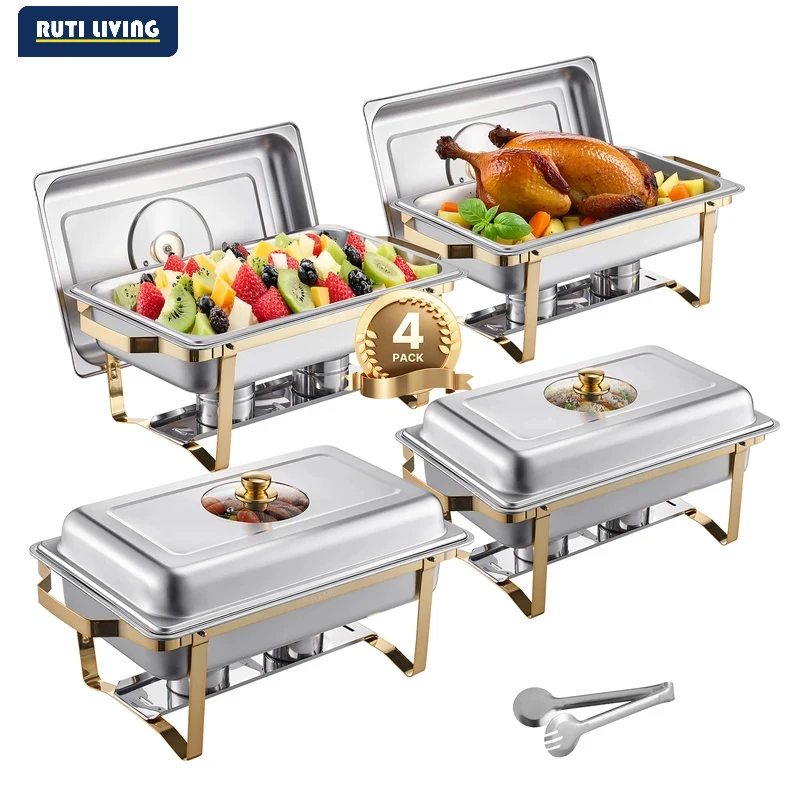 SucceBuy 8 Qt 4 Pack Chafing Dish Buffet Set Stainless Steel Chafer with 2 Full Size and 4 Half Size Pans Catering Warmer Server