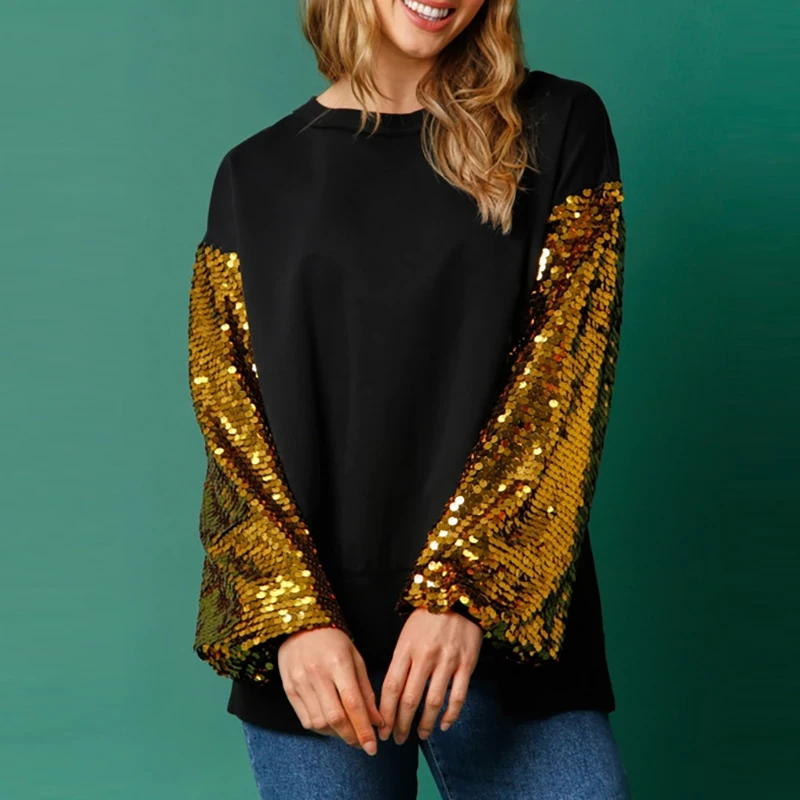 Casual Patchwork Loose Women Sweatshirt Fashion O-neck Solid Color Blouses Top ﻿ Winter Christmas Sequined Long Sleeved Pullover