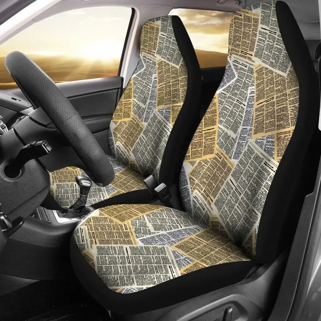 Newspaper Print Pattern Seat Cover Car Seat Covers Set 2 Pc, Car Accessories Car Mats