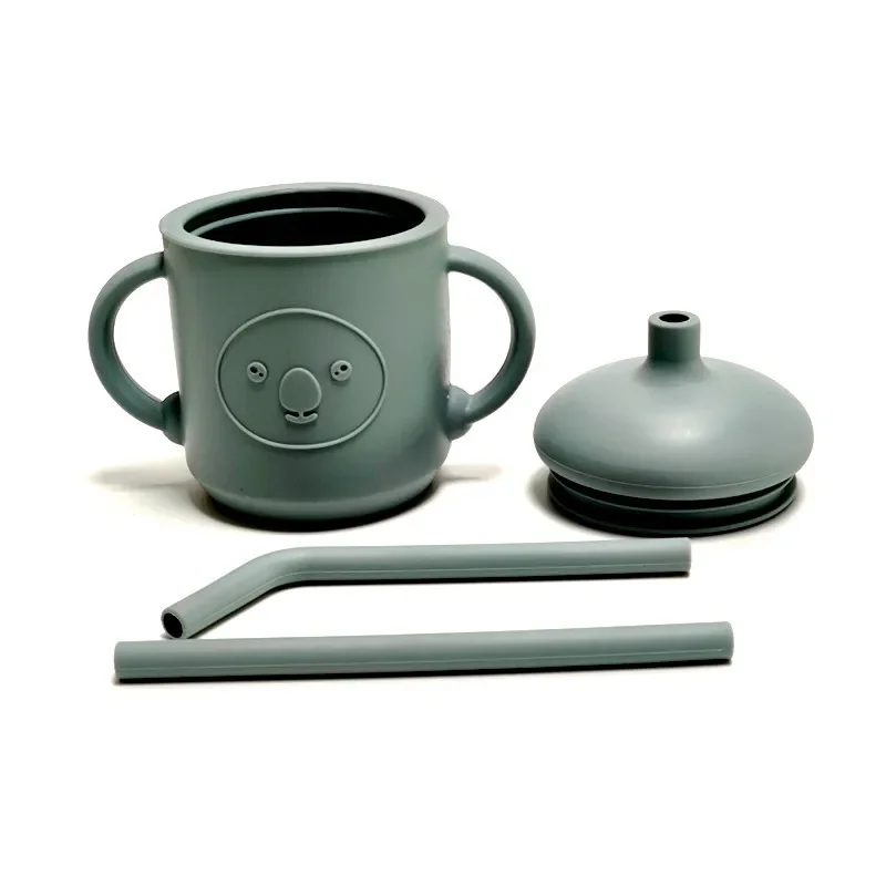 Silicone Learning Mug With Straw Children's Drop Resistant High Temperature Training Cup With Lid Baby Silicone Mug