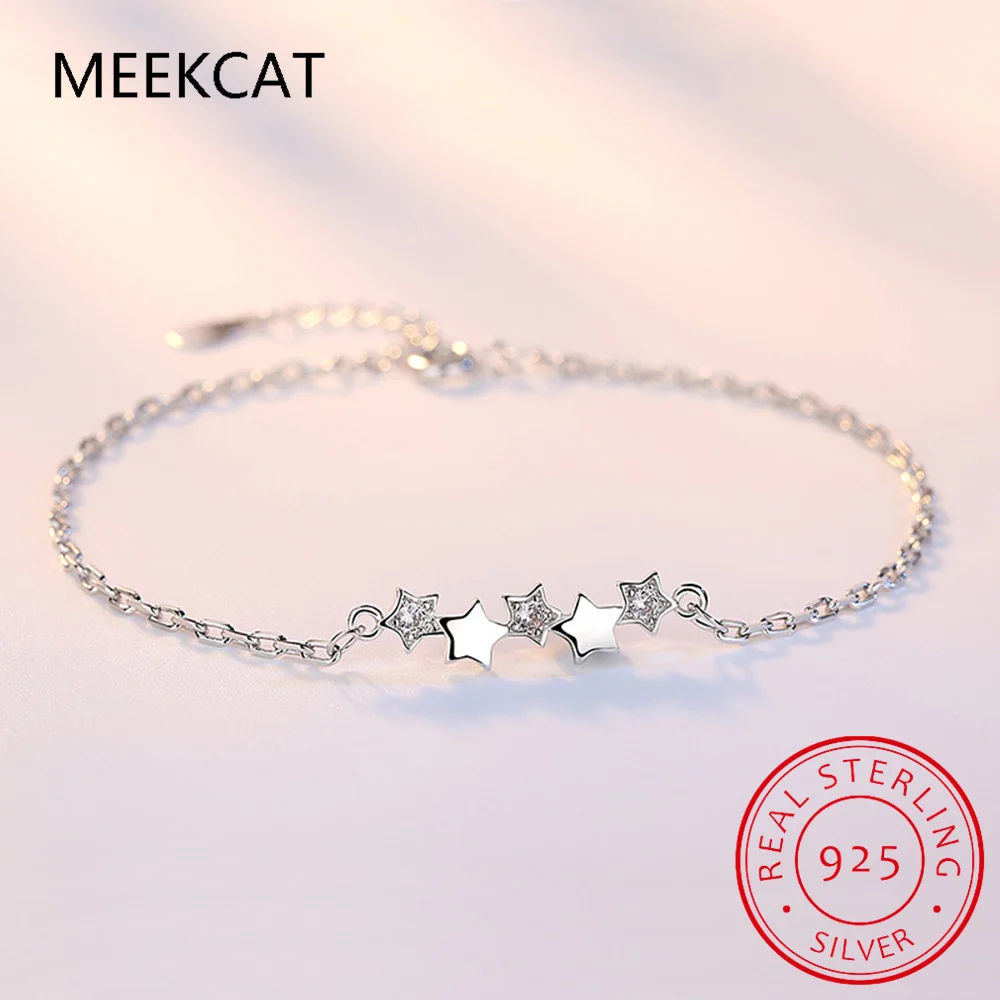 925 Sterling Silver Simple Star Link Chain Bracelet Basic Style Platinum Plated Fine Jewelry For Women Gifts