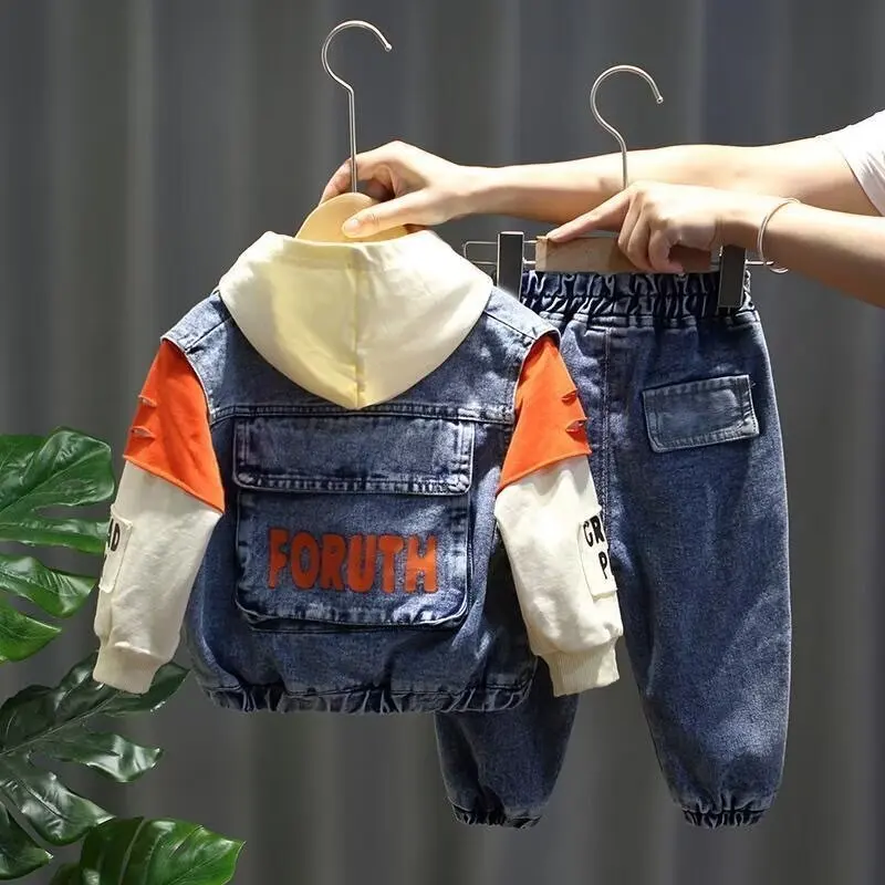 Casual Spring Autumn Baby Boys Girls Outfits Suit Children Denim Vest, Hoodie, Jeans 3Pcs Boys Sets Children Sets 1-7Y