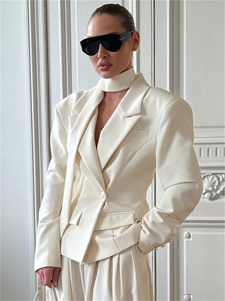 Coat For Women Elegant Fashion Suit jacket Female Patchwork V-Neck Lace-Up Commute Long Sleeve Autumn 2025 Bandage Suit