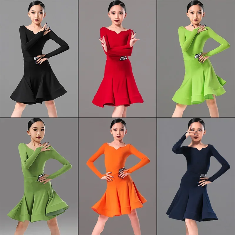 

New Children's Latin Dance Costume Girls' Dance Practice Dress Latin Dance Split Set Long Sleeve Competition Clothing VBH1468