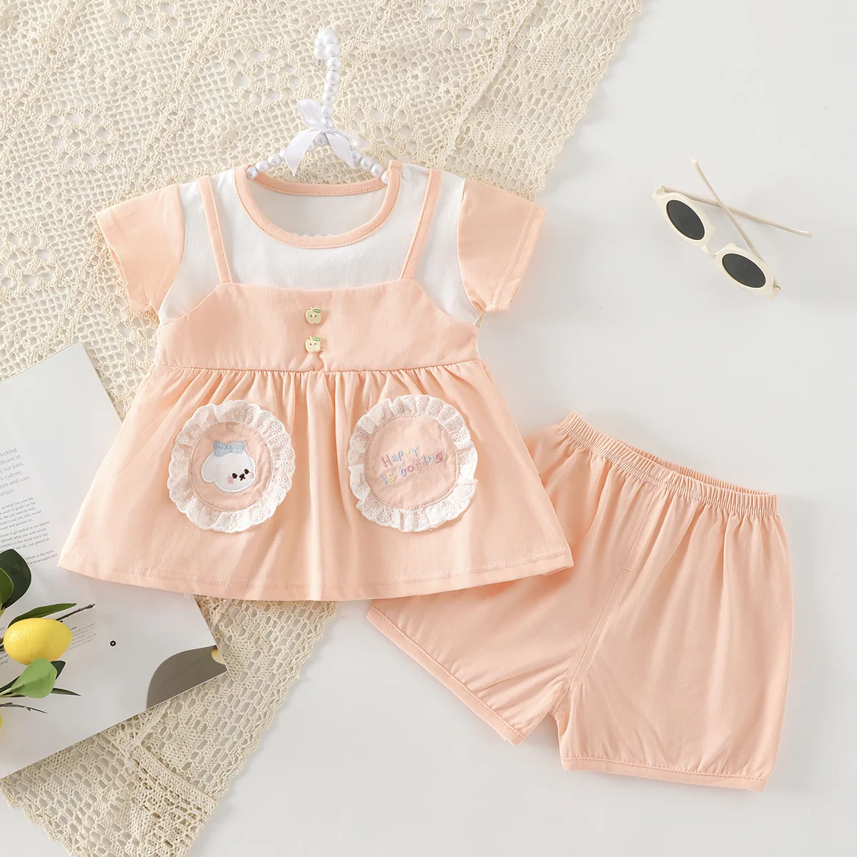 

1-3T Baby Girl Summer Lightweight Cool Top Shorts Set Newborns Cotton Breathable Tee Shorts 2pcs Set Infant Casual Knit Clothing