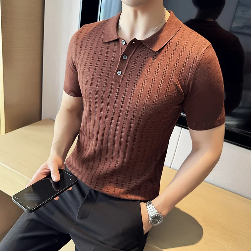 Brand Clothing Men's Summer Short-sleeved Polo Shirts Male Slim Fit Hollow Knit Business Polo Shirts Man Casual Tops 3XL-M