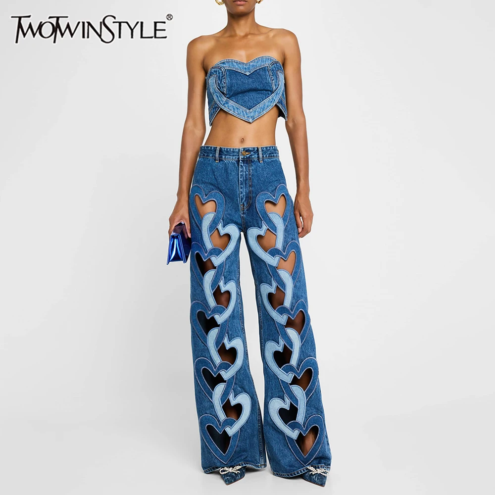 TWOTWINSTYLE Soild Two Piece Sets for Women Straplelss Sleeveless Vest High Wiast Patchwork Hollow Out Jeans Elegant Set Female