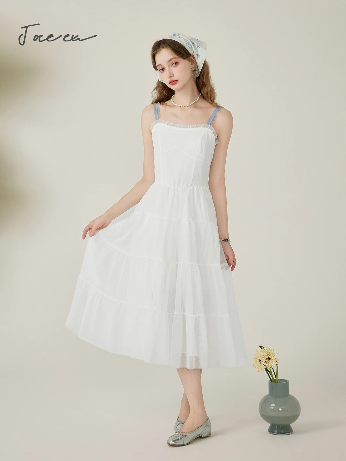 

JOREEU French Style Gentle Camisole Dress for Women 2024 Summer New Off-white Elegant High Waist Sleeveless Tank Dresses T01503