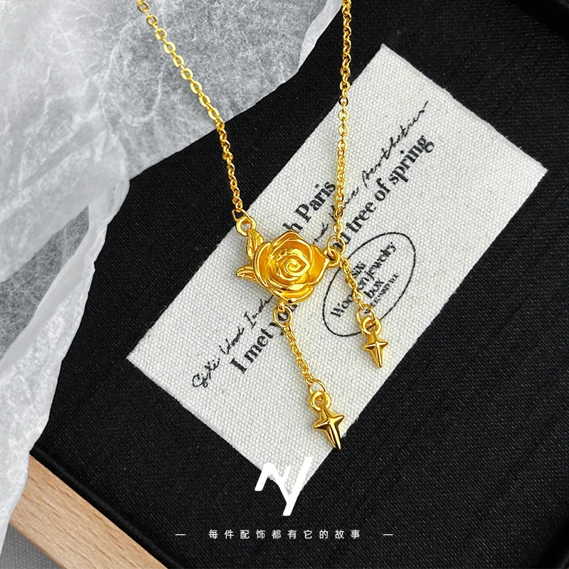 

Luxury 24K 9999 Pure Gold real gold Star Rose Necklace Flower Necklace Women's Clavicle Chain
