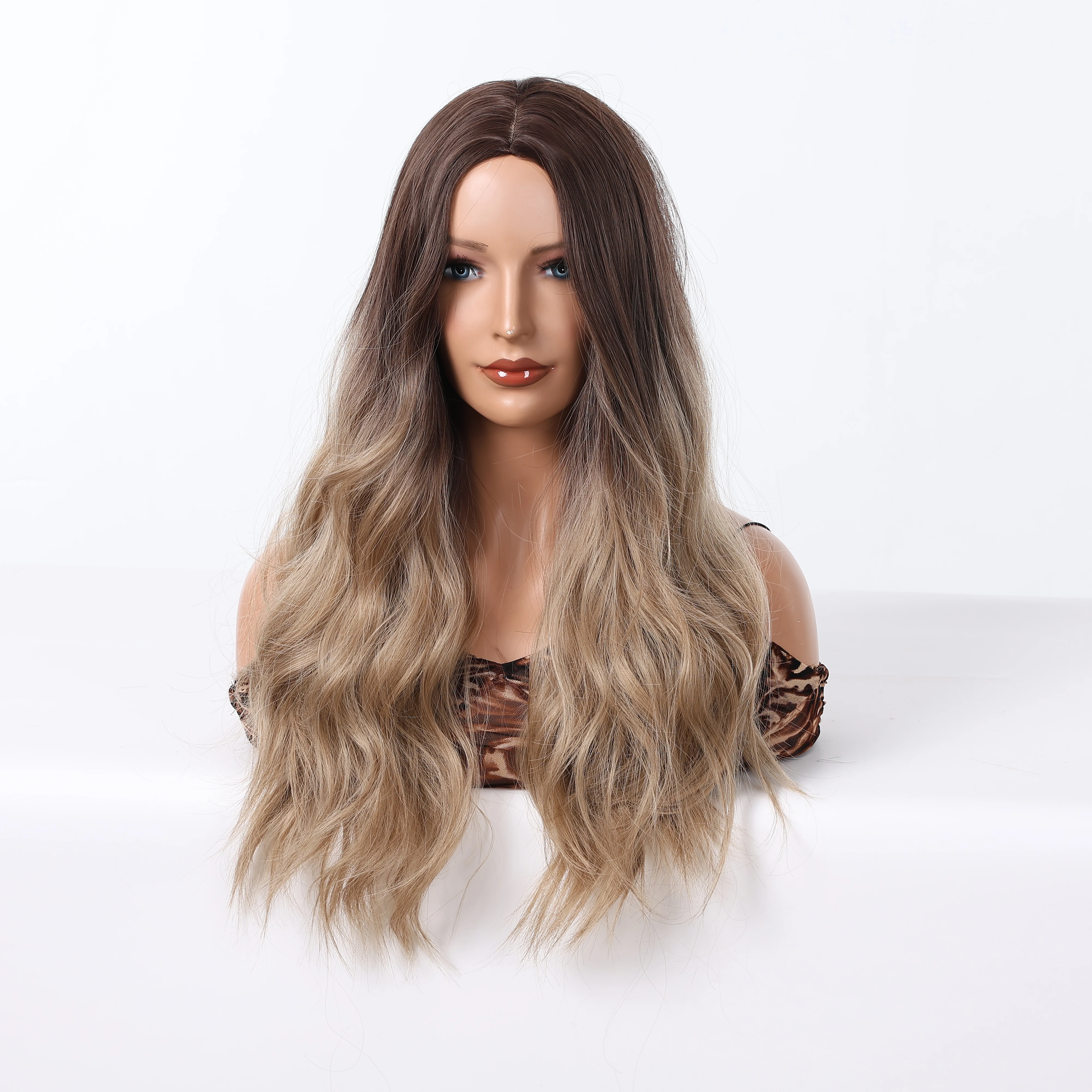 Center Parted Gradient Blonde Brown Long Curly Hair Corn Hot Europe and America Wind Wig Daily Style High Temperature Silk Wigs