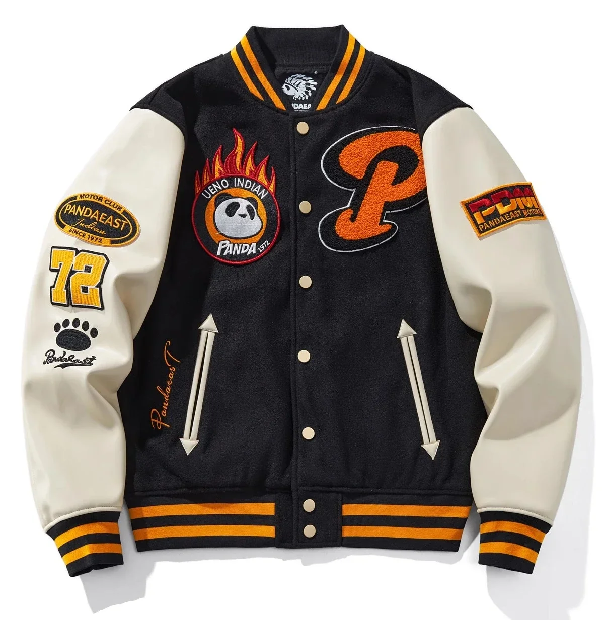 Black White Stripe High Street Streetwear Coat PU Woolen Men Boy Panda 72 Letterman Varsity Award Sukajan Souvenir Jacket Indian