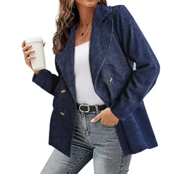 Women's autumn winter casual suit jacket corduroy solid color long sleeve double breasted loose office coat comfortable and warm