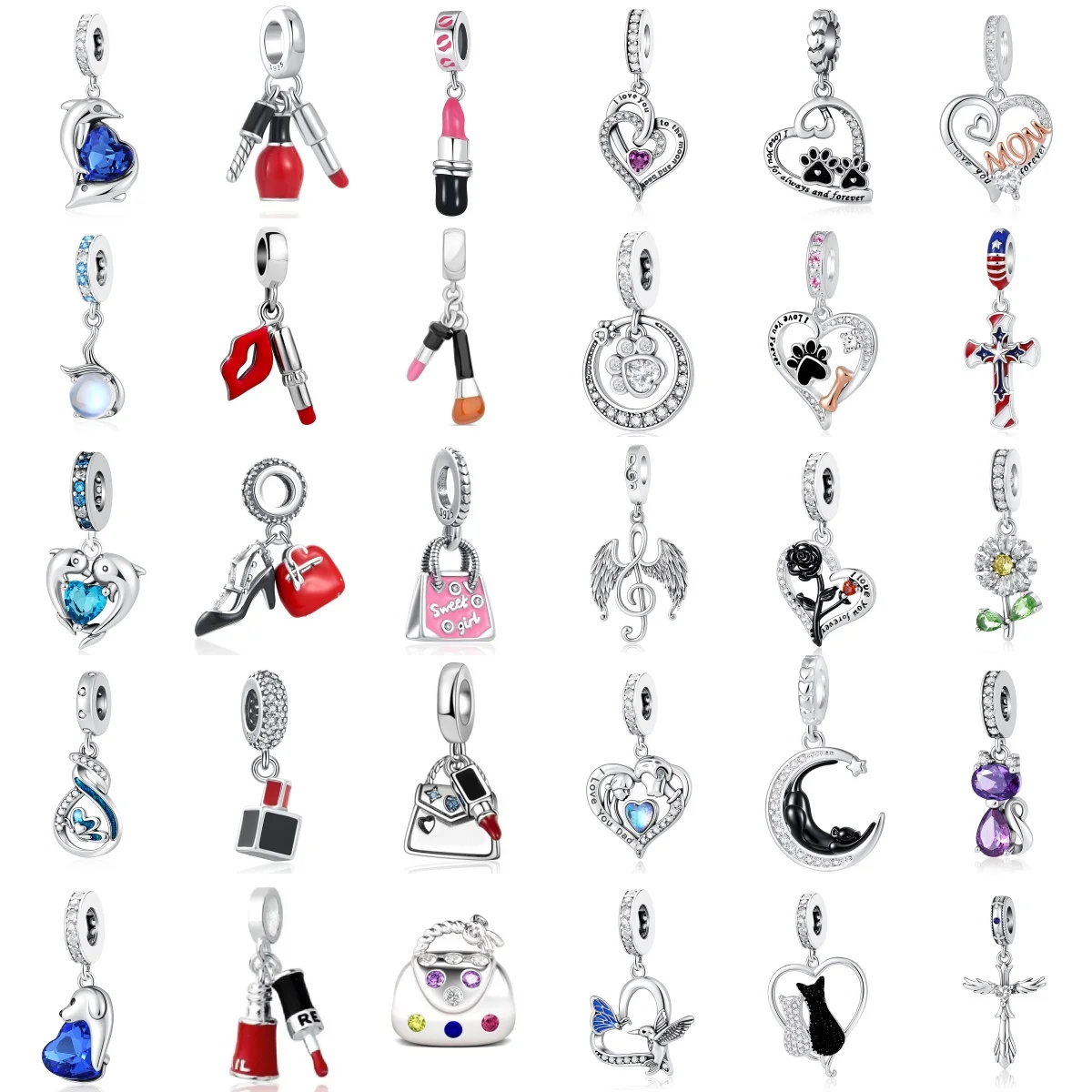 S925 Silver Charms Pendants Lipstick High Heel Handbag Heart Cat Dog Paw Print Beads ，Bracelet Necklace DIY Jewelry Accessories