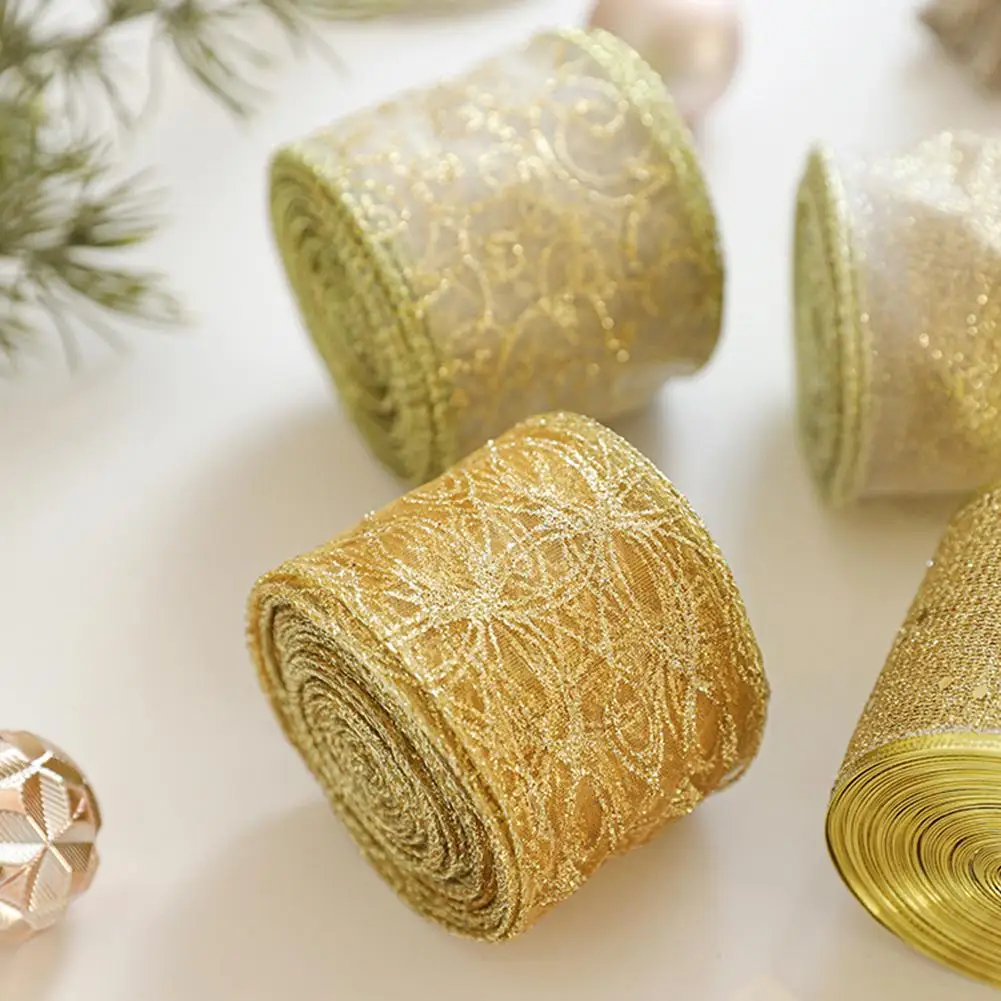 2m 2027 Christmas Ribbon Golden Silver Champagne Polyester Gliter Ribbon DIY Xmas Tree Bow Gifts Packing Navidad Home Decoration view 5