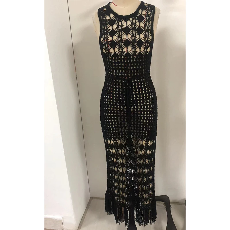 Hollow Out Knitted Beach Dress Women's Sexy Backless Sleeveless Spliced Tassel Slit Long Dresses Vacation Party Bikini Cover Up
