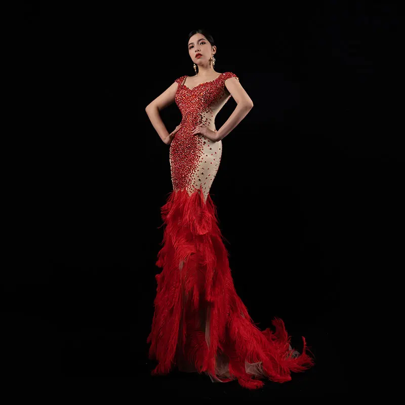 Red Evening Dress Custom Made Luxury Banquets Handmade Beaded Ostrich Hair Design Short Sleeve Elegant Dress High Quality 998