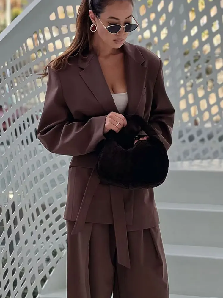 HH 2025 Set da 2 pezzi da donna elegante Cintura con tasca con risvolto Decora giacca blazer casual + Pantaloni lunghi con cerniera con bottoni larghi a vita alta