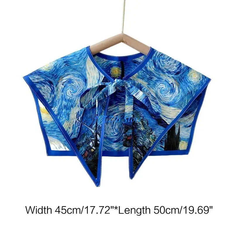 T21F Women Elegant Detachable Collar Scarf Vintage Colorful Landscape Oil Painting Print Shawl Wrap Lace-Up Shrug Capelet