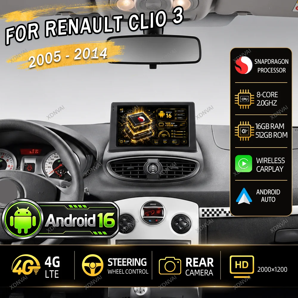 Android 16 Video Player For Renault Clio 3 2005 2006 2007 2008 2009 2010-2014 Multimedia Car Radio Autoradio BT 4G LTE GPS RDS