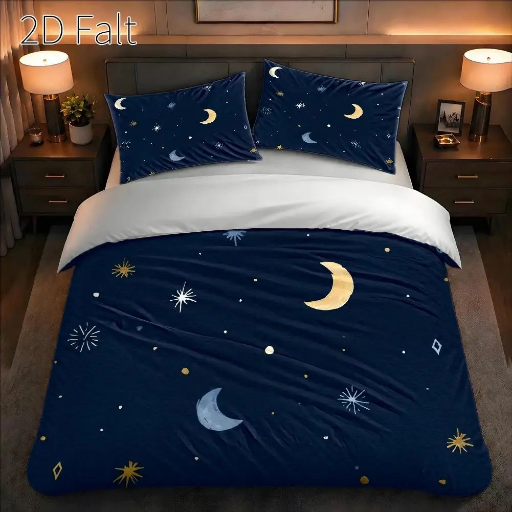 3-Piece Quilt Cover Set, 1 Quilt Cover + 2 Pillowcases (Without Filling) 2D Flat Priting, Three-Piece Quilt Cover Set, Moon and Star Themed Pattern, Hand-Painted Style, Mid-Autumn Festival, Suitable for All Seasons, Machine Washable, Invisible Zipper, Large Quilt Cover Set, Bedding Set, Skin-Friendly, Breathable, Soft and Comfortable, Does Not Fade or Pill, Suitable for Home/Dormitory/Master Bedroom/Guest Room
