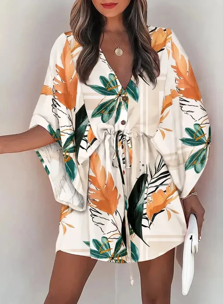 Sommer Kleid Für Frauen Neue Floral Print Fledermaus Halbe Hülse V-ausschnitt Rüschen Unregelmäßigen Saum Weibliche Kleid Casual Boho Frauen kleidung NS8Q