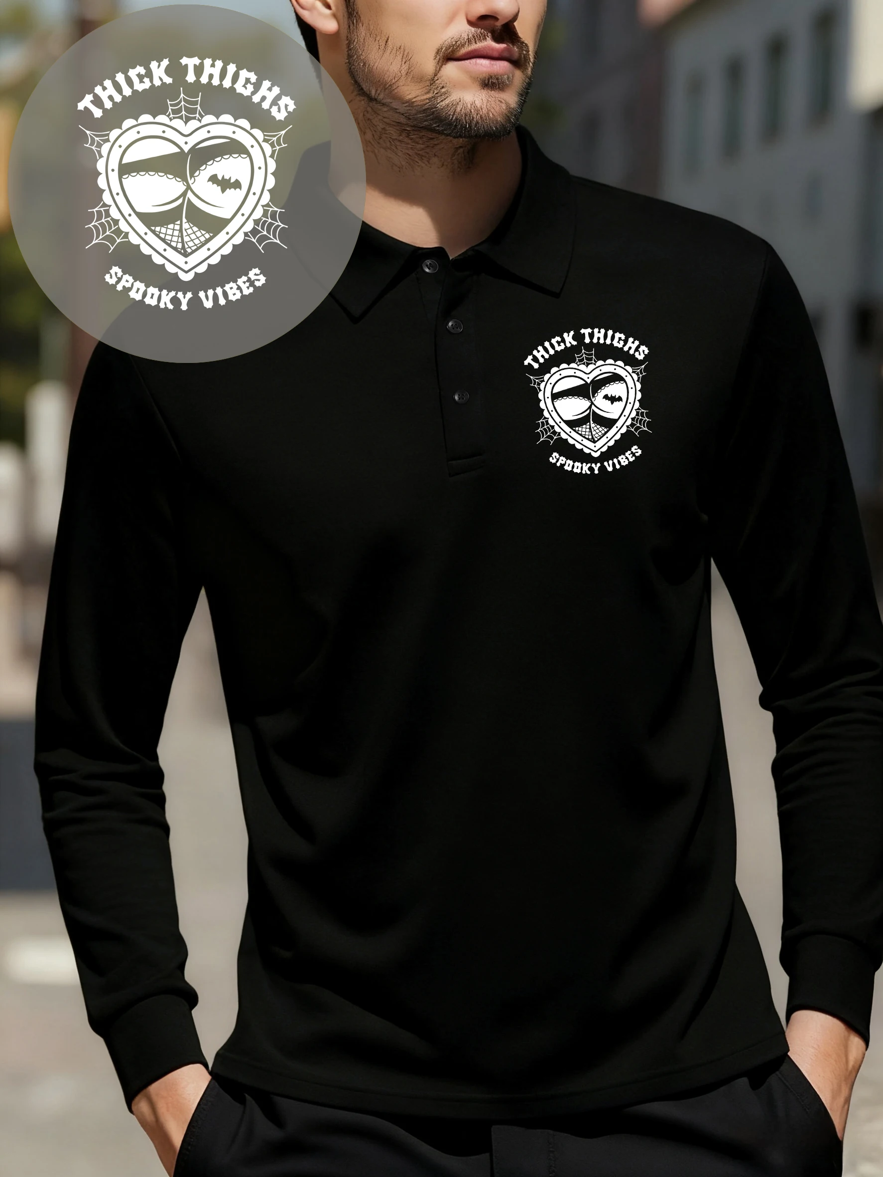 سميكة الفخذين مخيف المشاعر يطبع قميص بولو الرجال التلبيب الصوف تي شيرت مريح الأعمال طويلة الأكمام كل مباراة الخريف الملابس