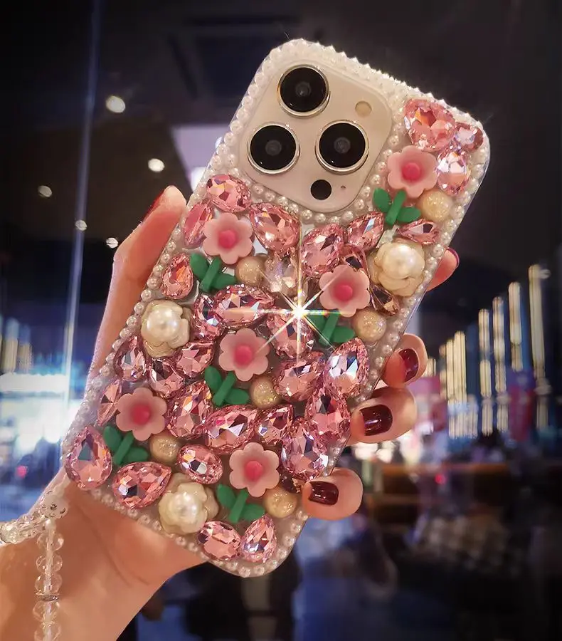 Luxury Cute Flower Diamond Strap Phone Case For iPhone 16 15 13 14 11 Pro Plus Samsung Galaxy S24 S22 S25 S23 FE Ultra Note 20