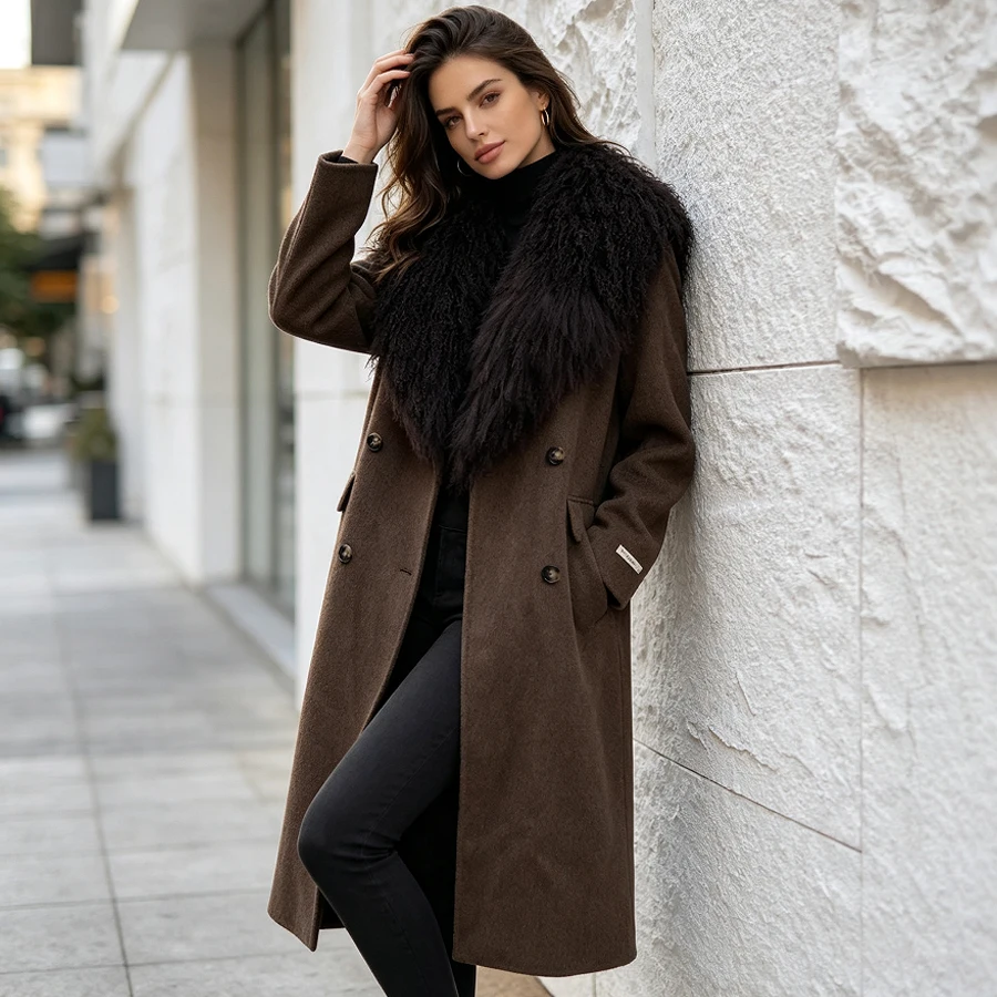 Women's Woolen Coat With Mongolian Fur Collar Long Natural Cashmere Coat Brown Sheepskin Coat High Quality Real Fur Jacket
