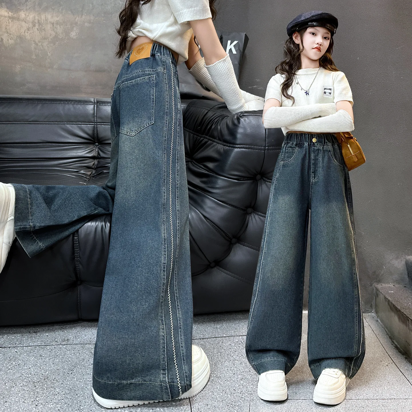 بنات موضة جينز 2025 ربيع الخريف نمط جديد متوسط كبير للأطفال مستقيم فضفاض واسعة الساق الدنيم السراويل العصرية الاطفال الملابس