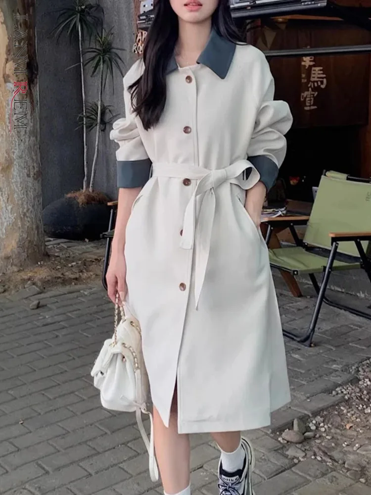 

LANMREM Fashion Mid Length Trench Coat Women Contrast Color Lapel Single Breasted Belt Windbreaker 2024 Autumn New 2AA5190