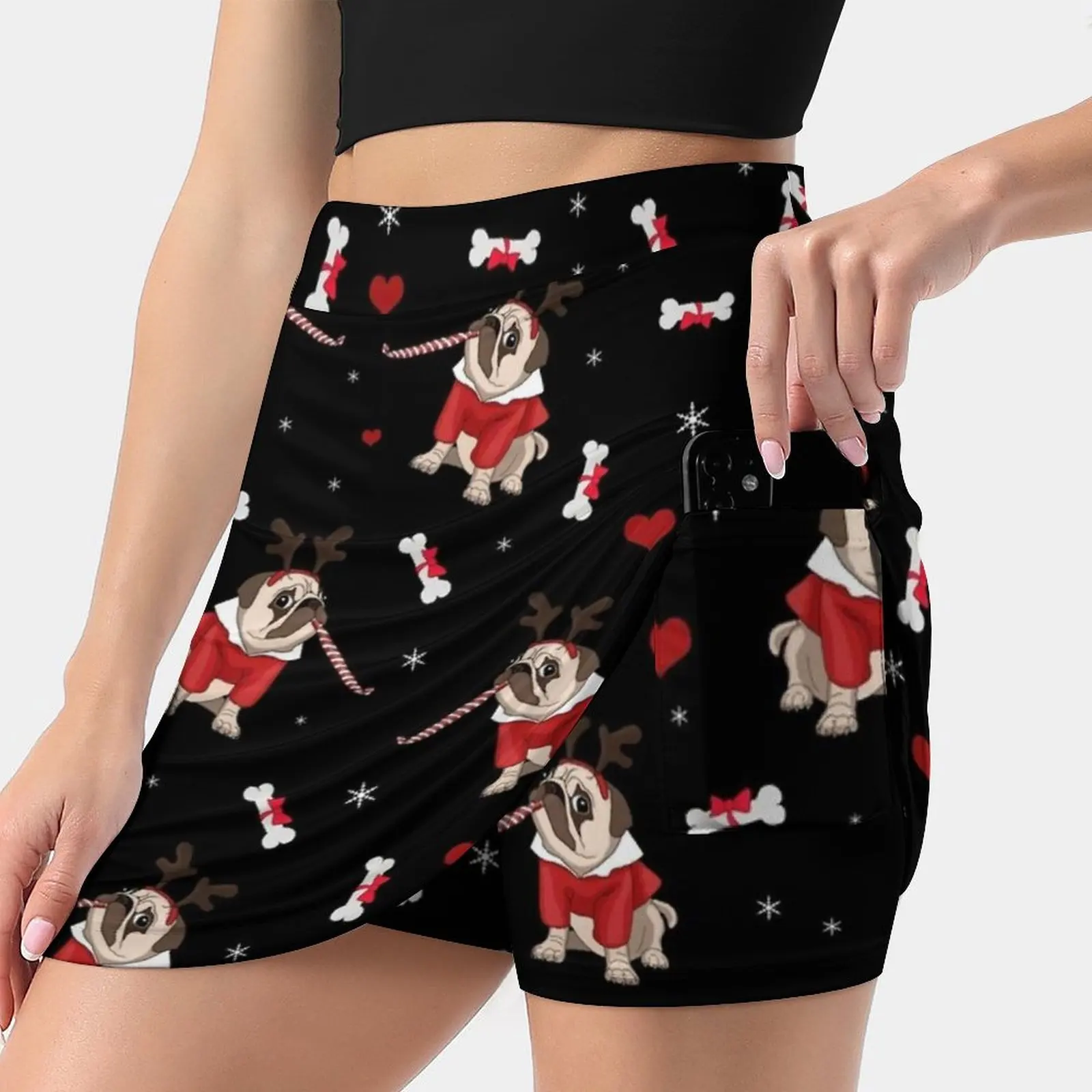 Pug Xmas Pattern Women's skirt Mini Skirts A Line Skirt With Hide Pocket Pattern Pug Dog Cute Santa Reindeer Joke Funny Winter