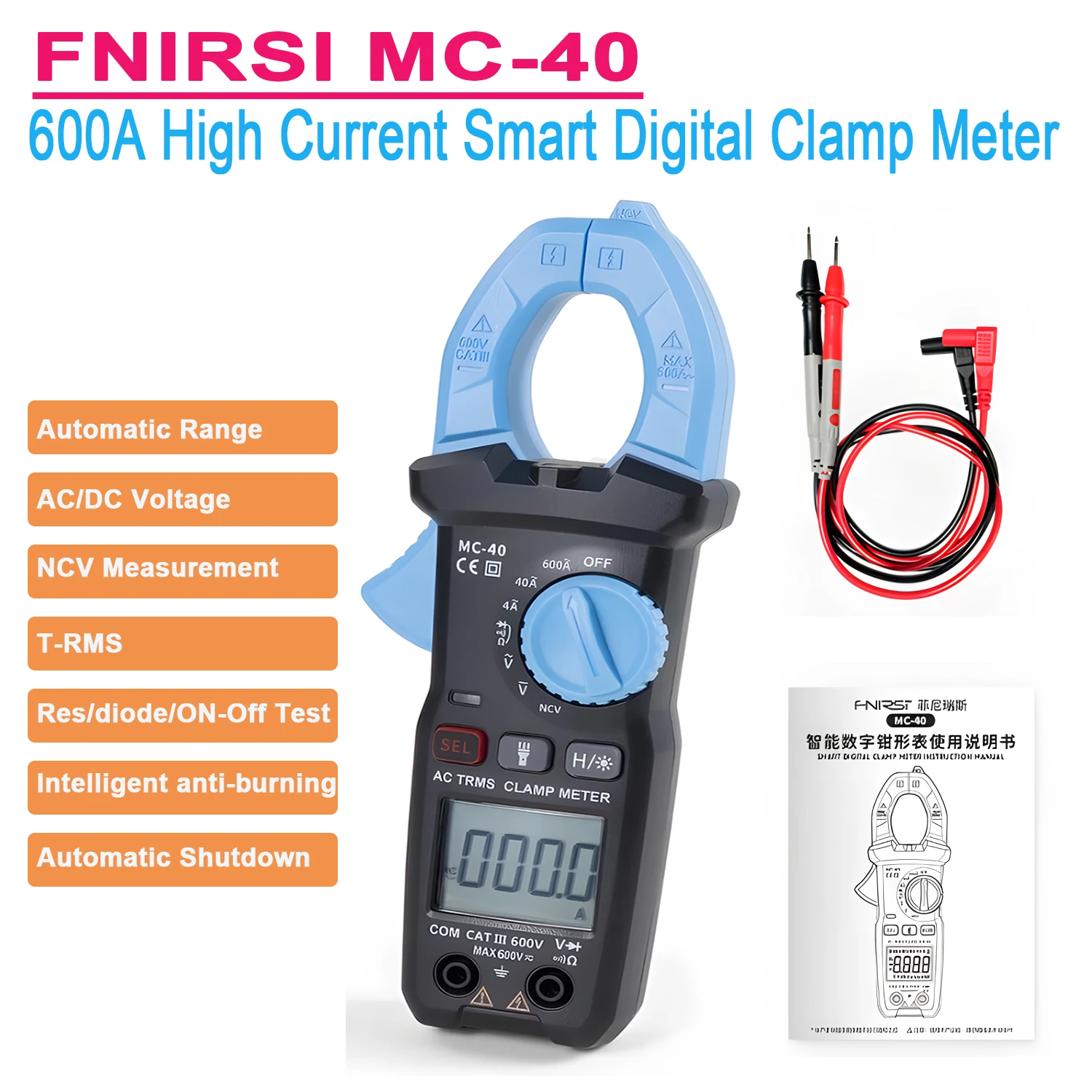 FNIRSI MC-40 Digital Clamp Meter 600A High Current Multimeter AC/DC Voltage 600V Auto Range NCV T-RMS Resis/Diode/ON-OFF Test