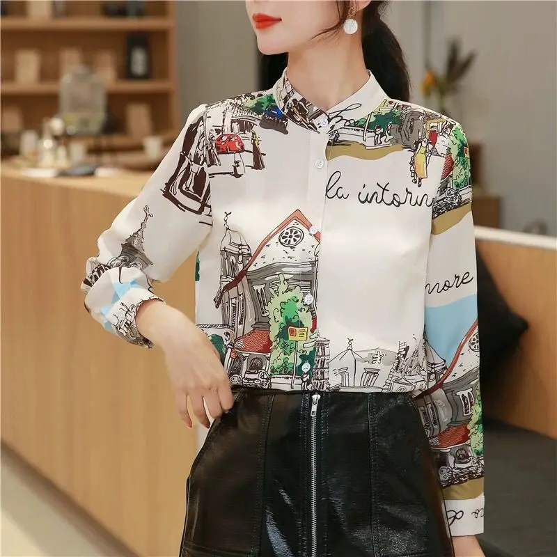 Spring Autumn New Round Neck Long Sleeve Fashion Shirt Women High Street Printing Button Patchwork Cardigan Vintage Elegant Tops