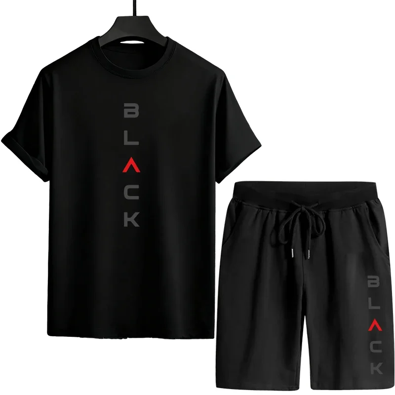 

Black Letter Print Mens Summer Tracksuit Two Piece Set Casual Sportswear Tee and Shorts Comfortable Outdoor Home Wear T-shirts