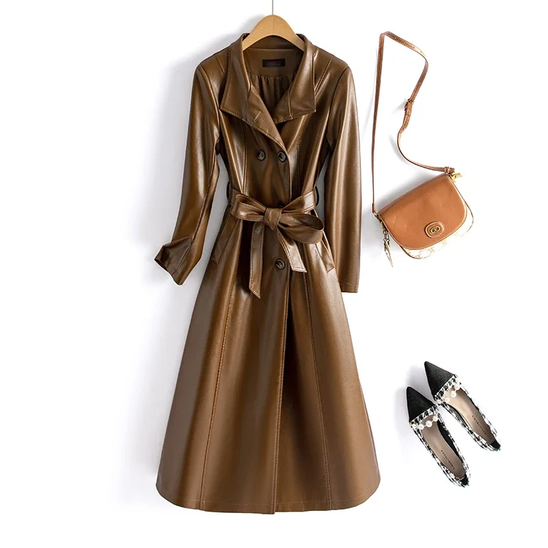 Long Jackets Spring Leather Trench Women Belt Fashion Long Coat High Quality M-7XL Faux Leather Clothing Outwear Suede SWREDMI