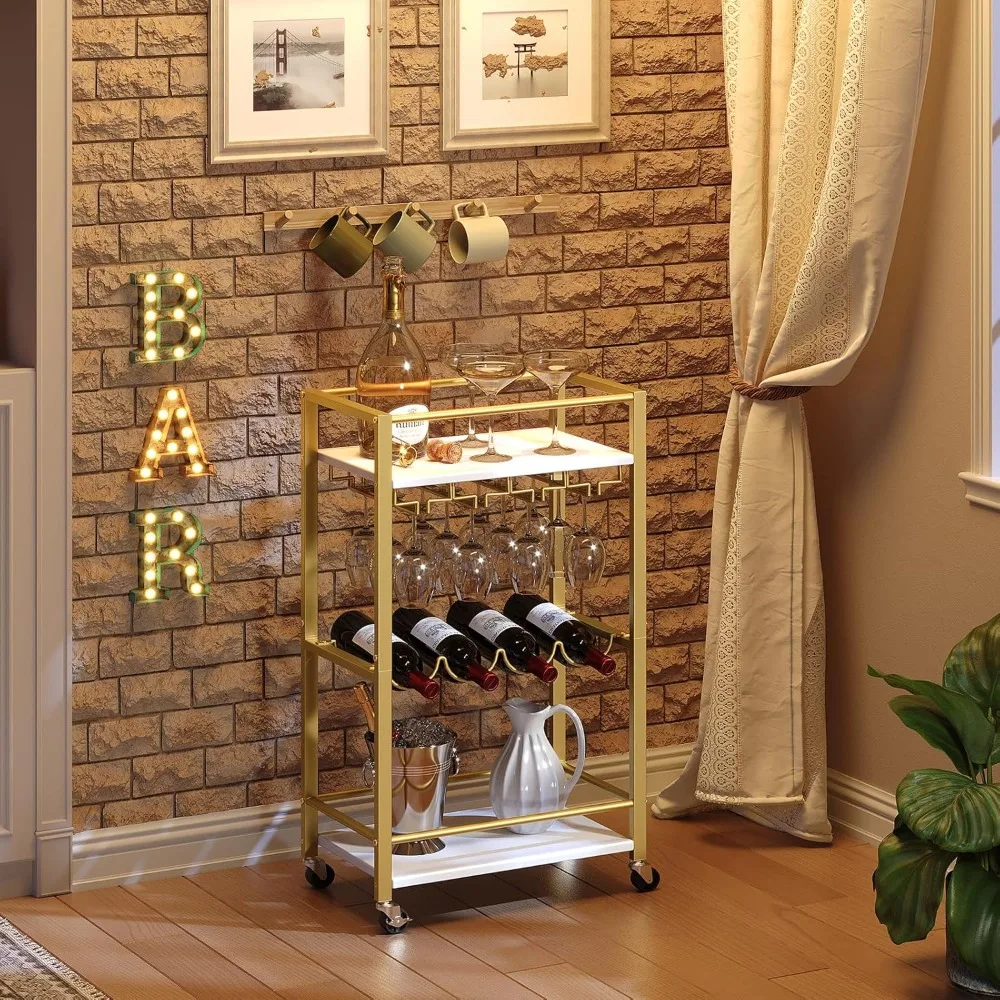 

Compact Mobile Wine Cart with 3-Tier Shelves, Kitchen Storage and Glass Holders for Home Use