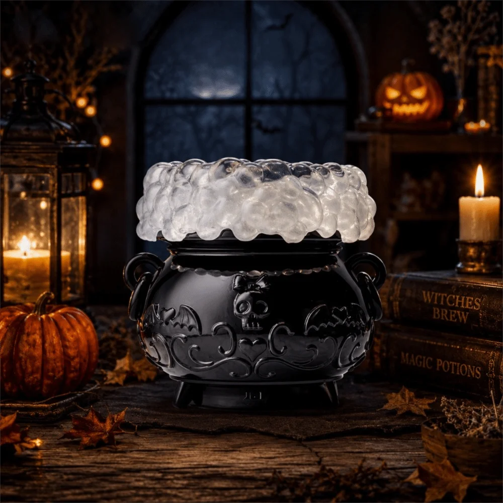 Color-Changing LED Lights Halloween Glowing Bubble Witch Crucible Relief Pattern Resin Bubbling Cauldron Ornament