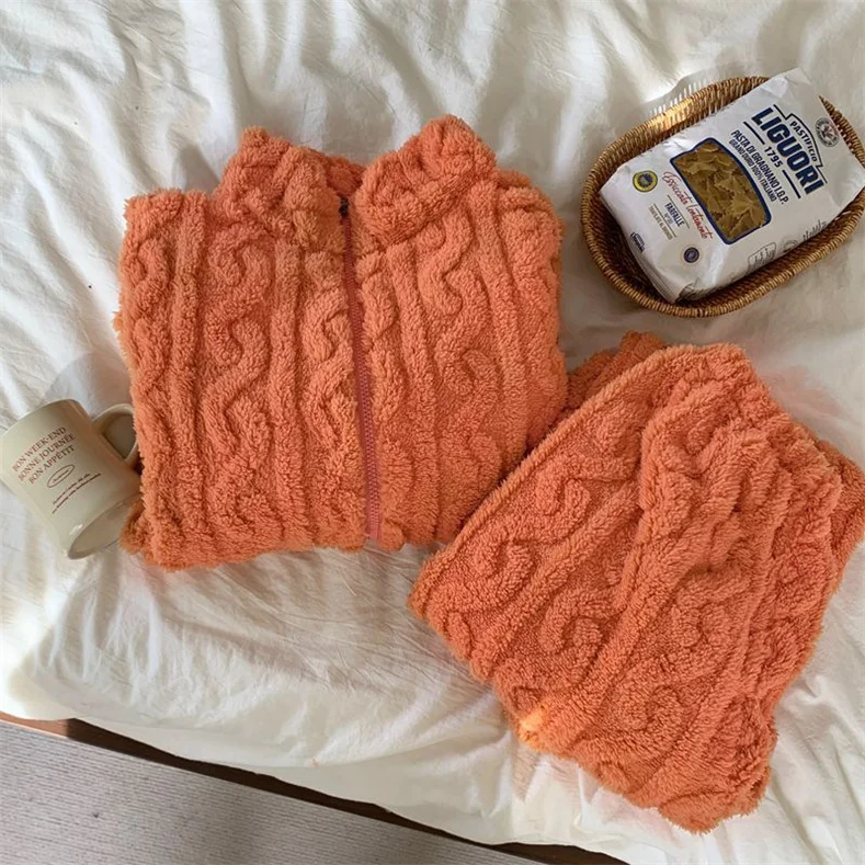 Autumn Winter Sweet Coral Fleece Pajamas Women Fleece-lined Thickened 2023 New Zip-up Flannel Warm Home Wear Set