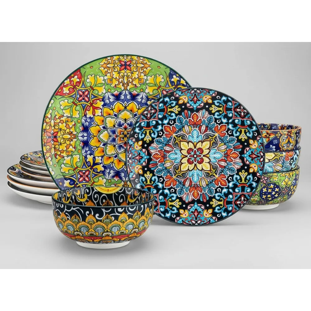 

12-Piece Bohemian Dinnerware Set for 4, Microwave & Dishwasher Safe Porcelain Plates Bowls