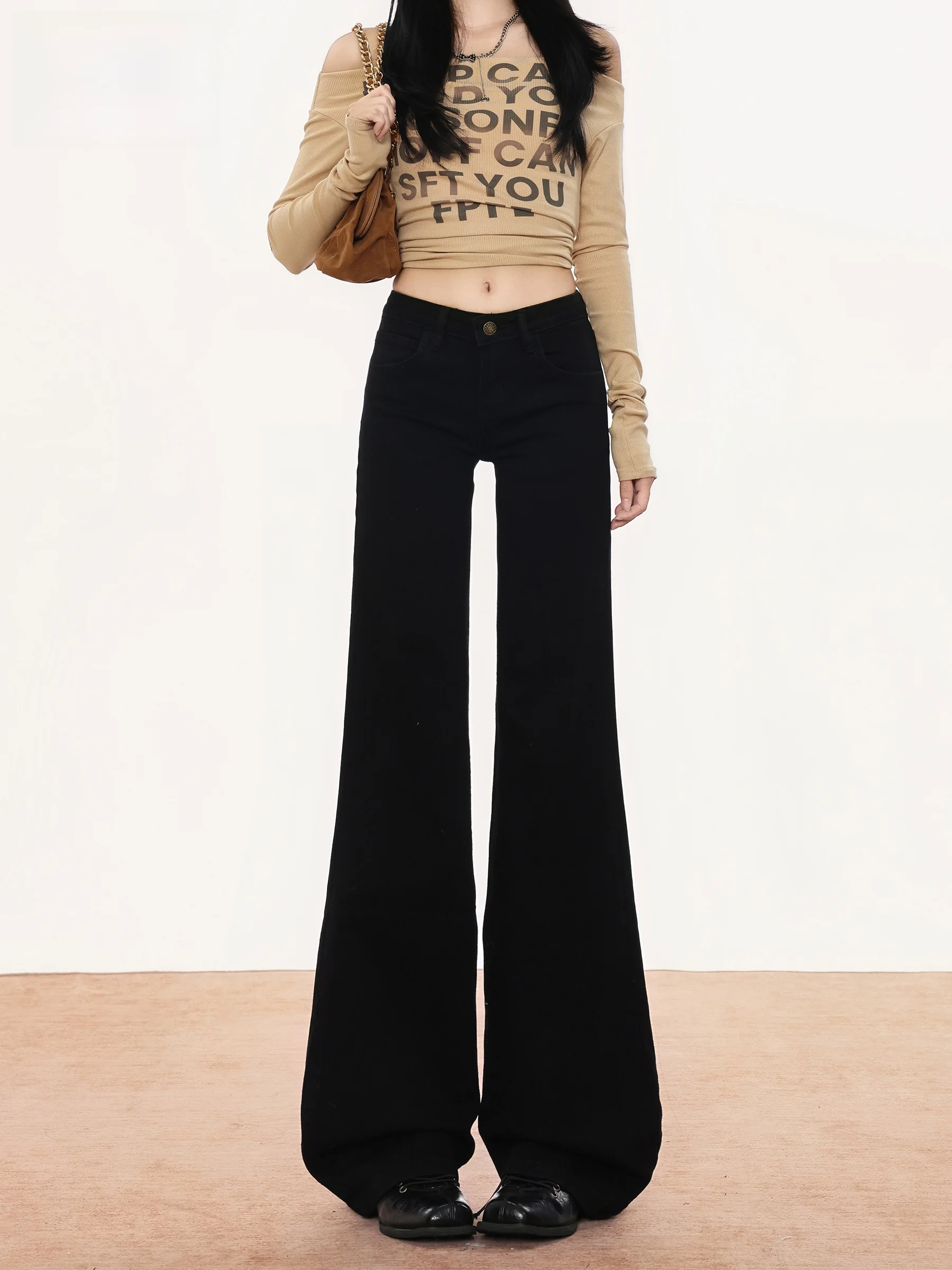 

American Style Low Waist Bell Bottom Denim Jeans Women's Autumn New Fashion Leg Shaping Fleece Washed Wide Leg Pants