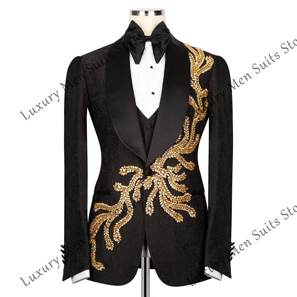 

Crystal Applique Male Suits 3 Pieces Jacquard Tuxedos 2025 Wedding Outfits Customized Blazer Pants Men Prom costume homme luxe
