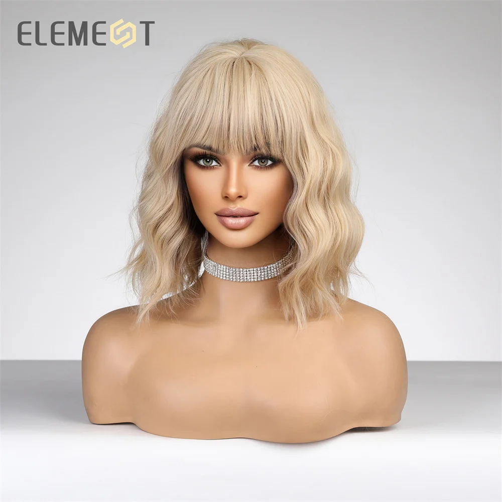 ELEMENT 2023 Cute Fashion 16 Inch Golden Blonde Loose Curly Hair Wig with Bangs Lolita Cosplay Party Daily Wigs for Women