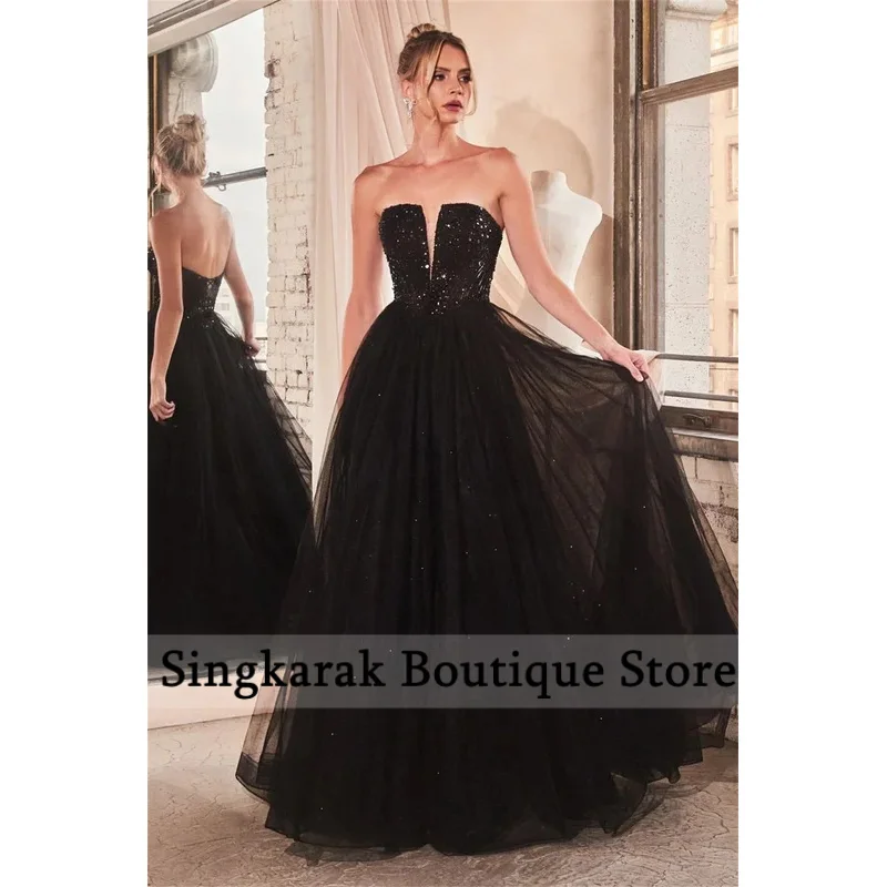 فستان حفلة موسيقية بدون حمالات لامع على شكل حرف a بدون أكمام بطول الأرض من vestidos de noiva برباط من الخلف فساتين سهرة