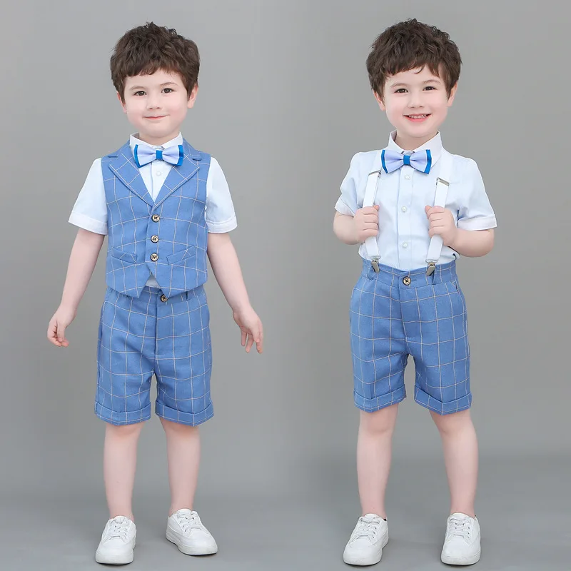 

Boys Summer Dress Vest Suit Set Handsome British Children Host Catwalk Wedding Party Costume Kids Waistcoat Shirts Shorts Outfit